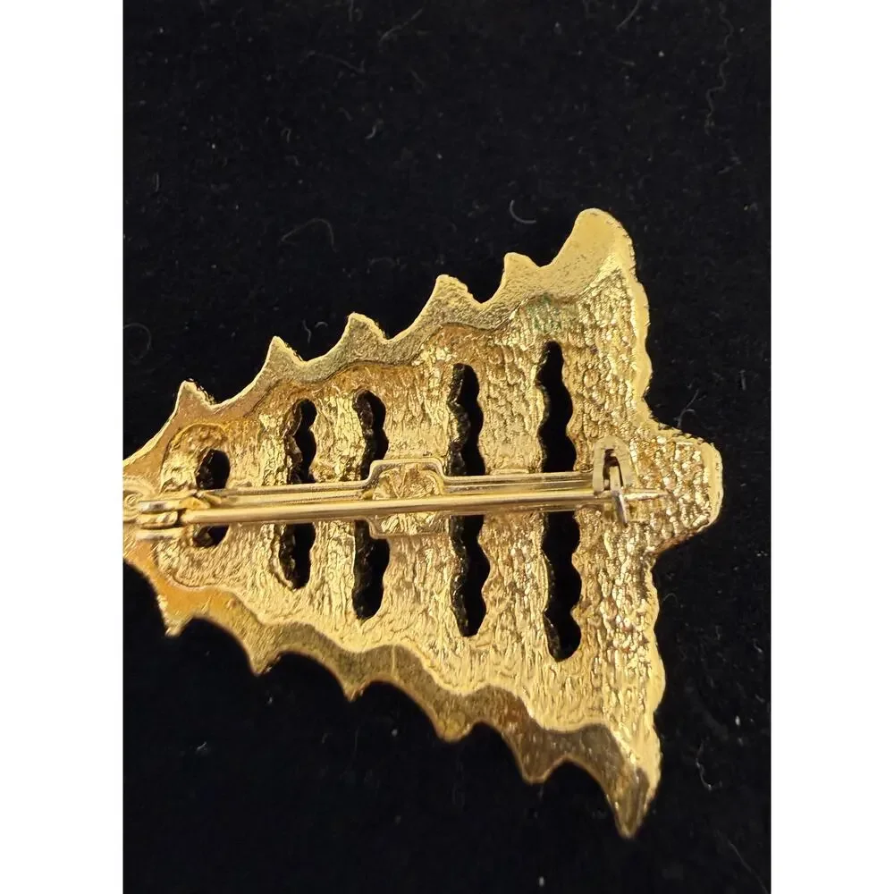 VINTAGE Gerry's Christmas Tree Brooch Signed Gold Tone Red Green Rhinestone Pins